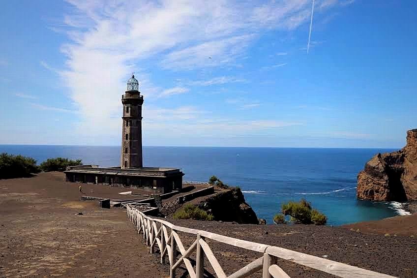 Capelinhos volcano lighthouse on Faial Island Azores — lunar landscape